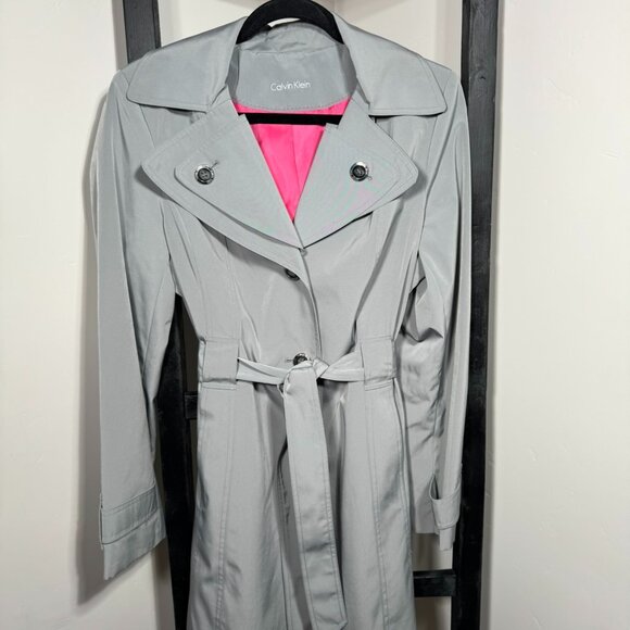 Calvin Klein Gray Trench Coat with Pink Lining – Belted Classic - Picture 3 of 9